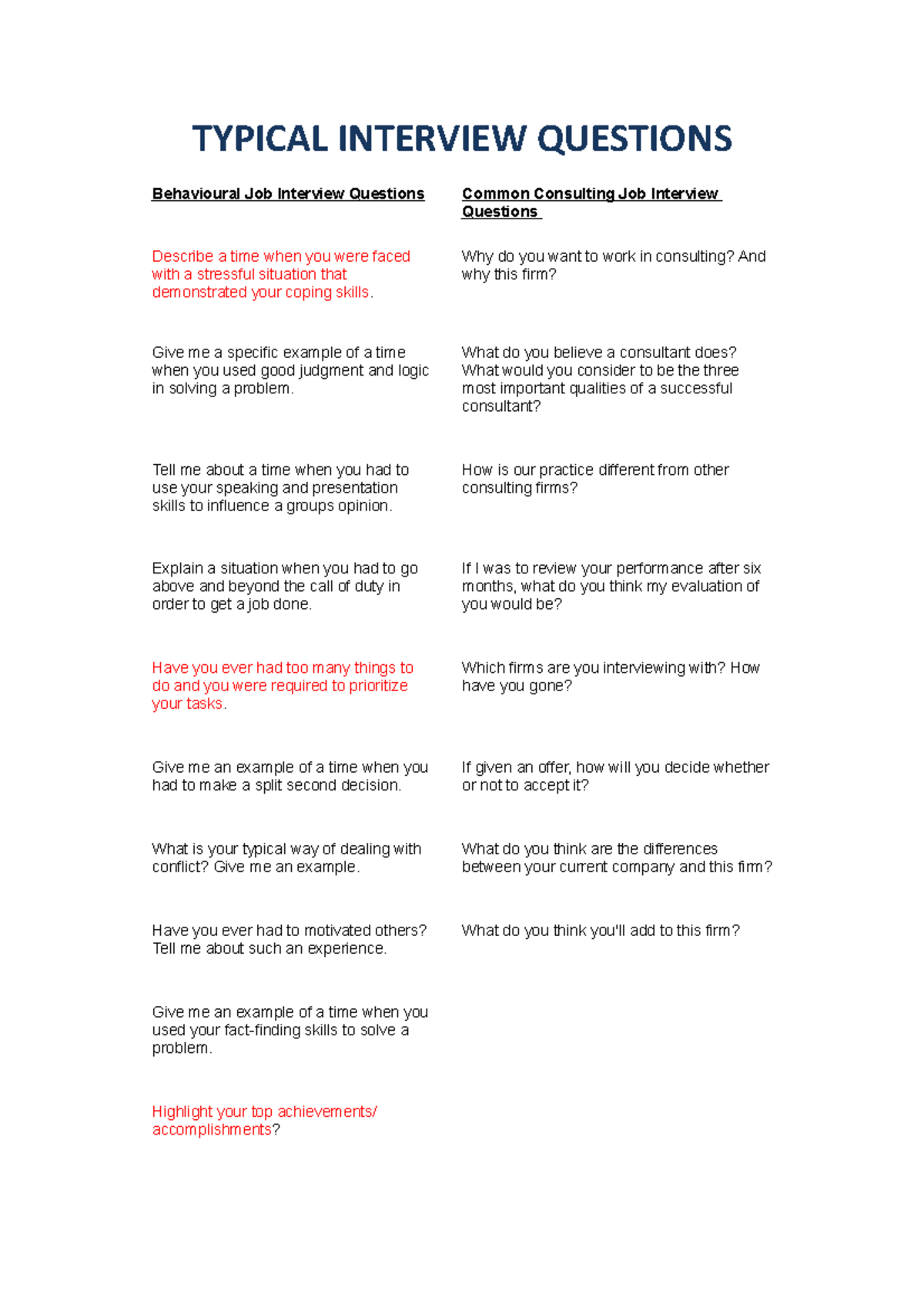 Typical Interview Questions - TYPICAL INTERVIEW QUESTIONS Behavioural ...