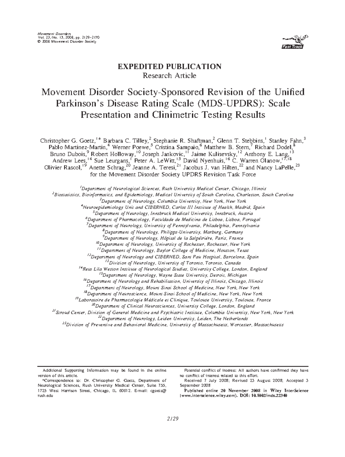 MDS- Updrs - EXPEDITED PUBLICATION Research Article Movement Disorder ...