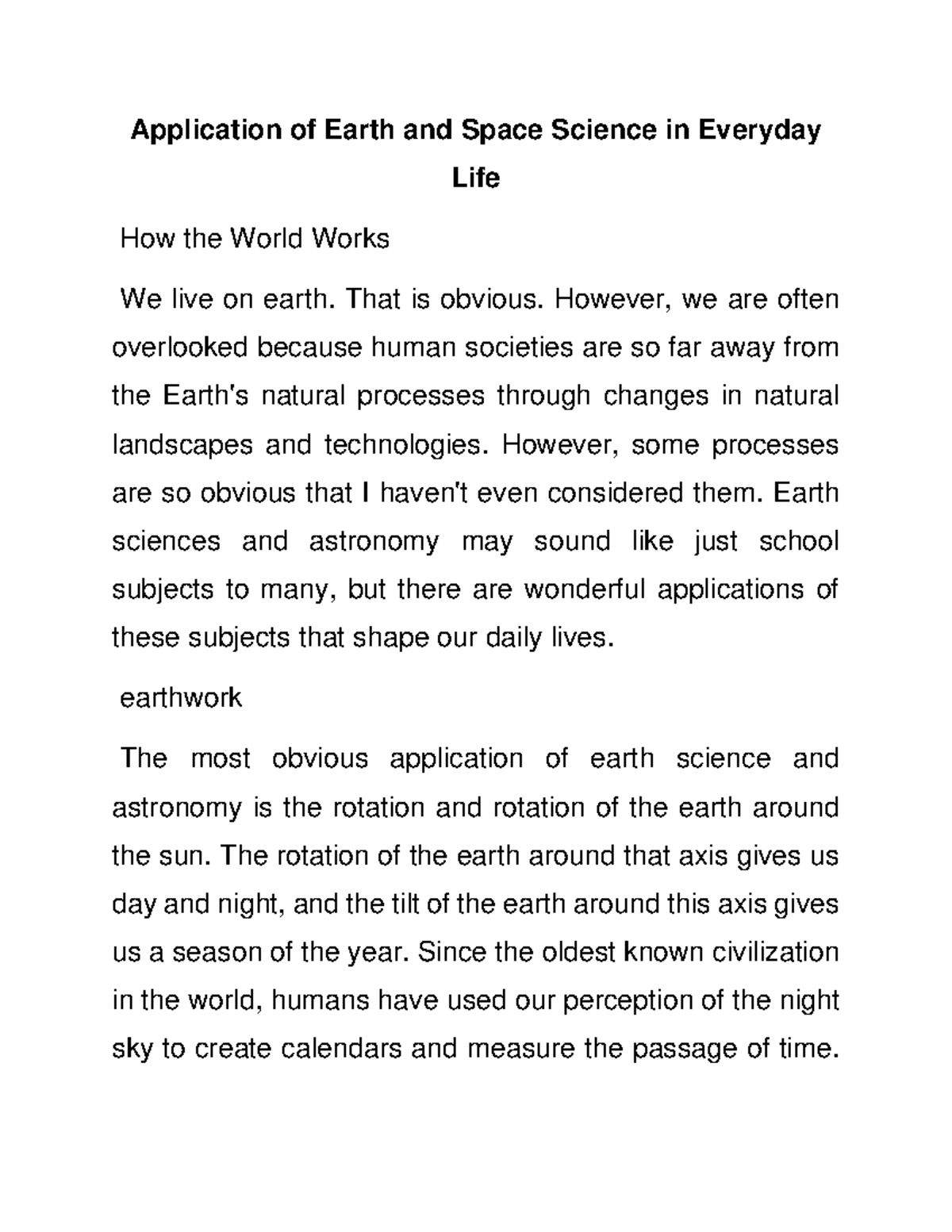 Application Of Earth And Space Science In Everyday Life That Is 