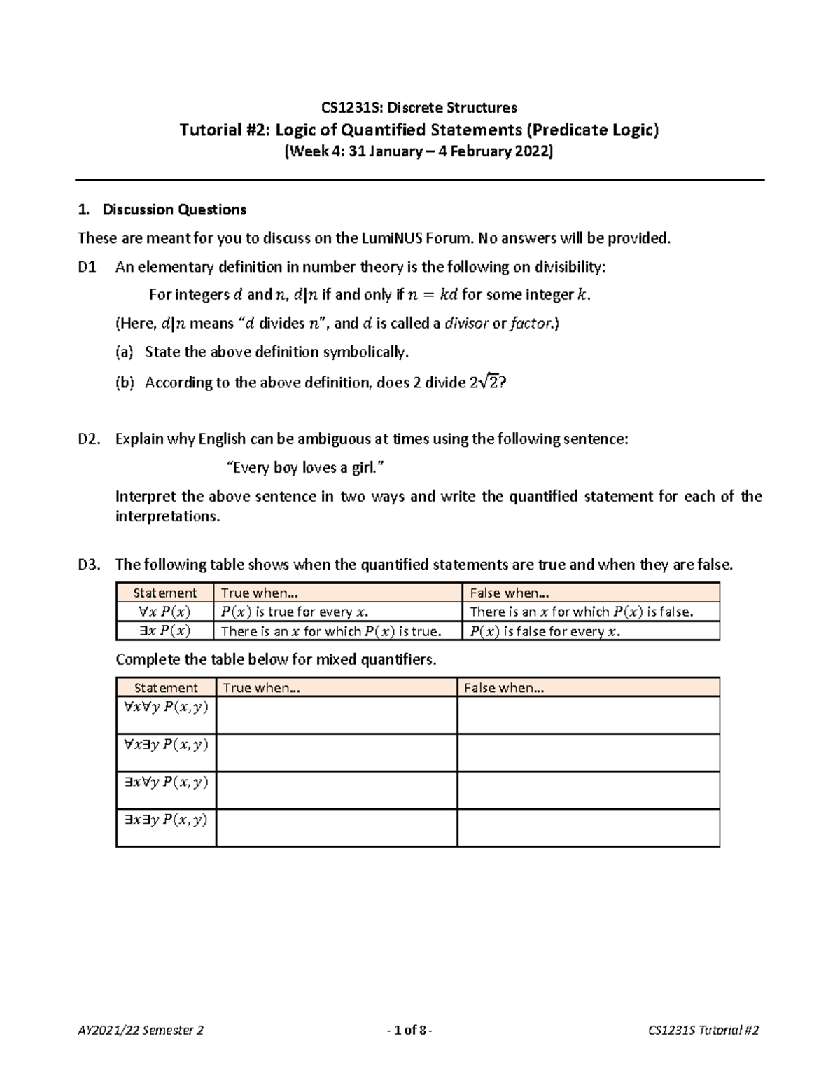 Tut02qns Question And Qnswer - CS1231S: Discrete Structures Tutorial #2 ...