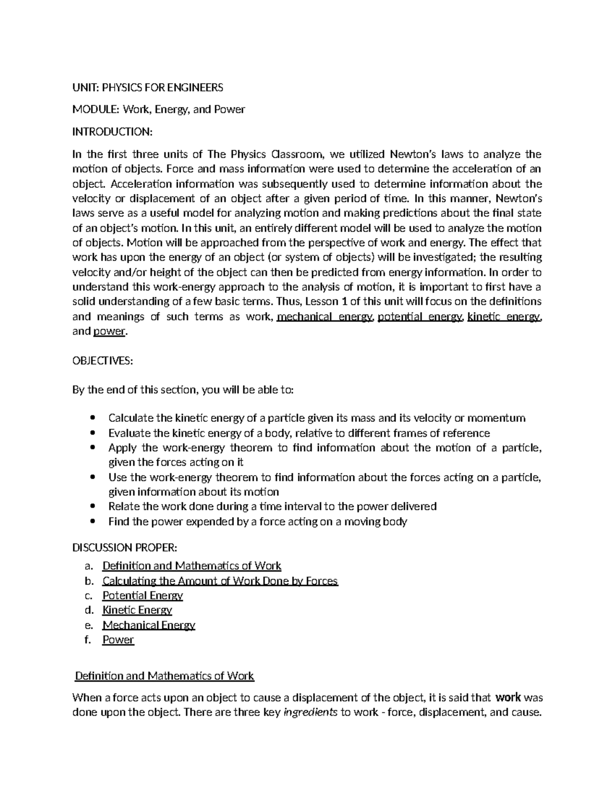 Module 8 Powerwork AND Energy - UNIT: PHYSICS FOR ENGINEERS MODULE ...