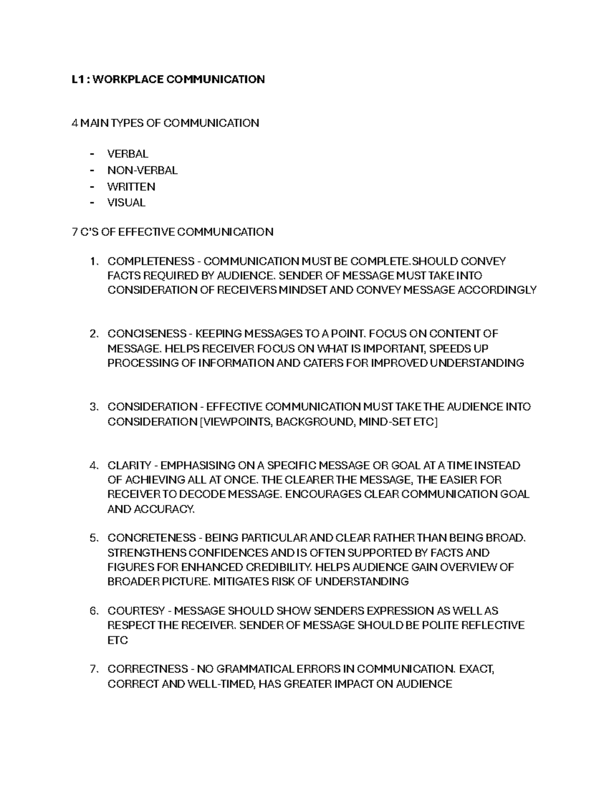 G107 COMMUNICATIONS NOTES - L1 : WORKPLACE COMMUNICATION 4 MAIN TYPES ...