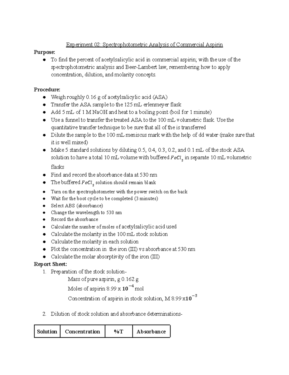 Experiment 02 Spectrophotometric Analysis of Commercial Aspirin