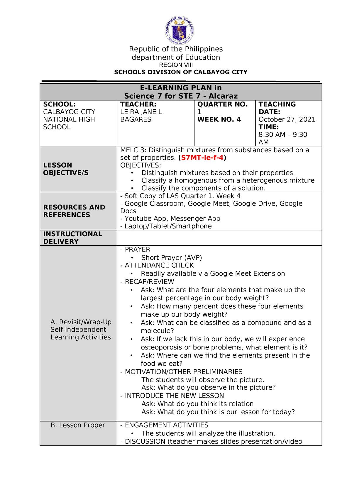 E-Learning-Plan Q1W4 - for teaching materials - Republic of the ...