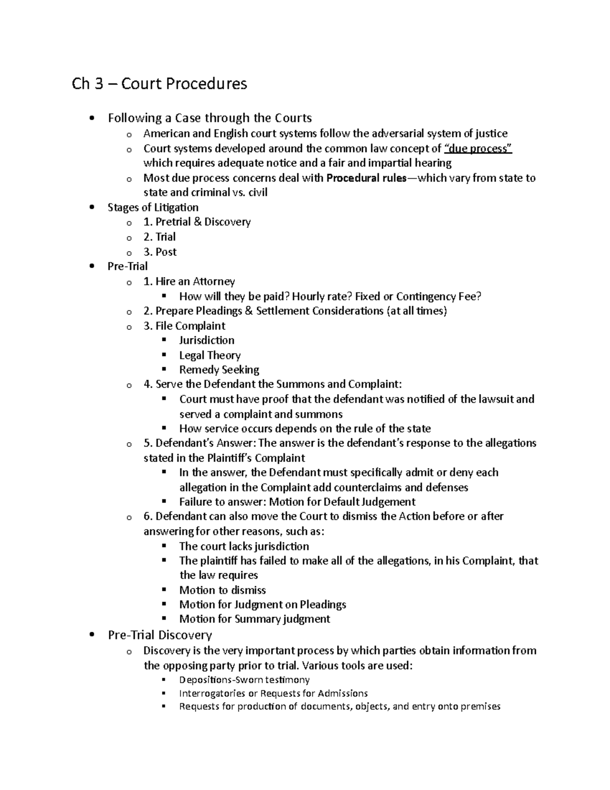 Ch 3 Notes - Ch 3 – Court Procedures Following A Case Through The ...