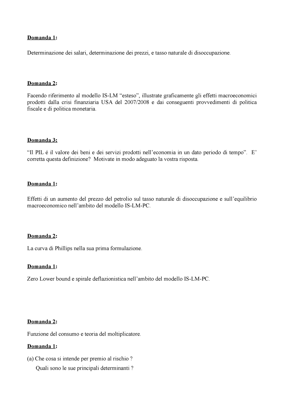 Macro Domande - Domanda 1: Determinazione Dei Salari, Determinazione ...