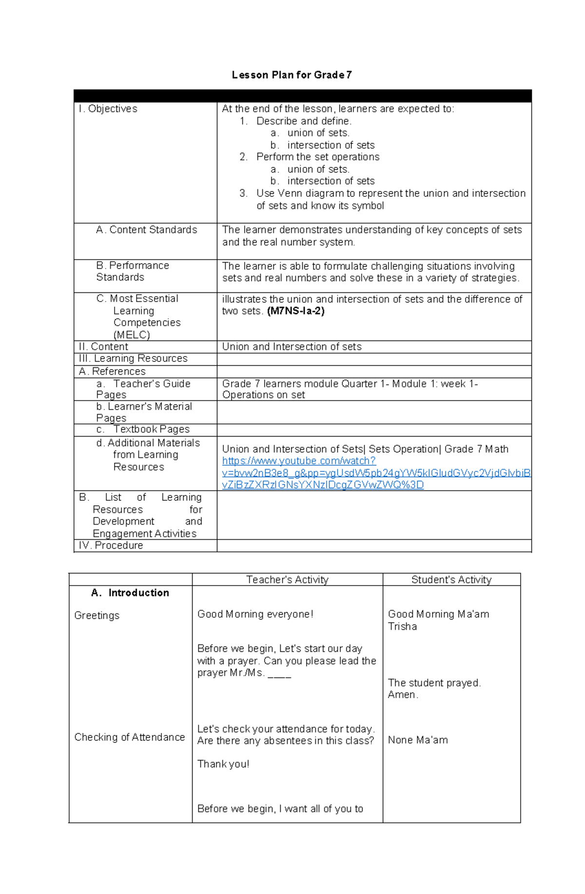 Detailed lesson plan union and intersection of sets - Lesson Plan for ...