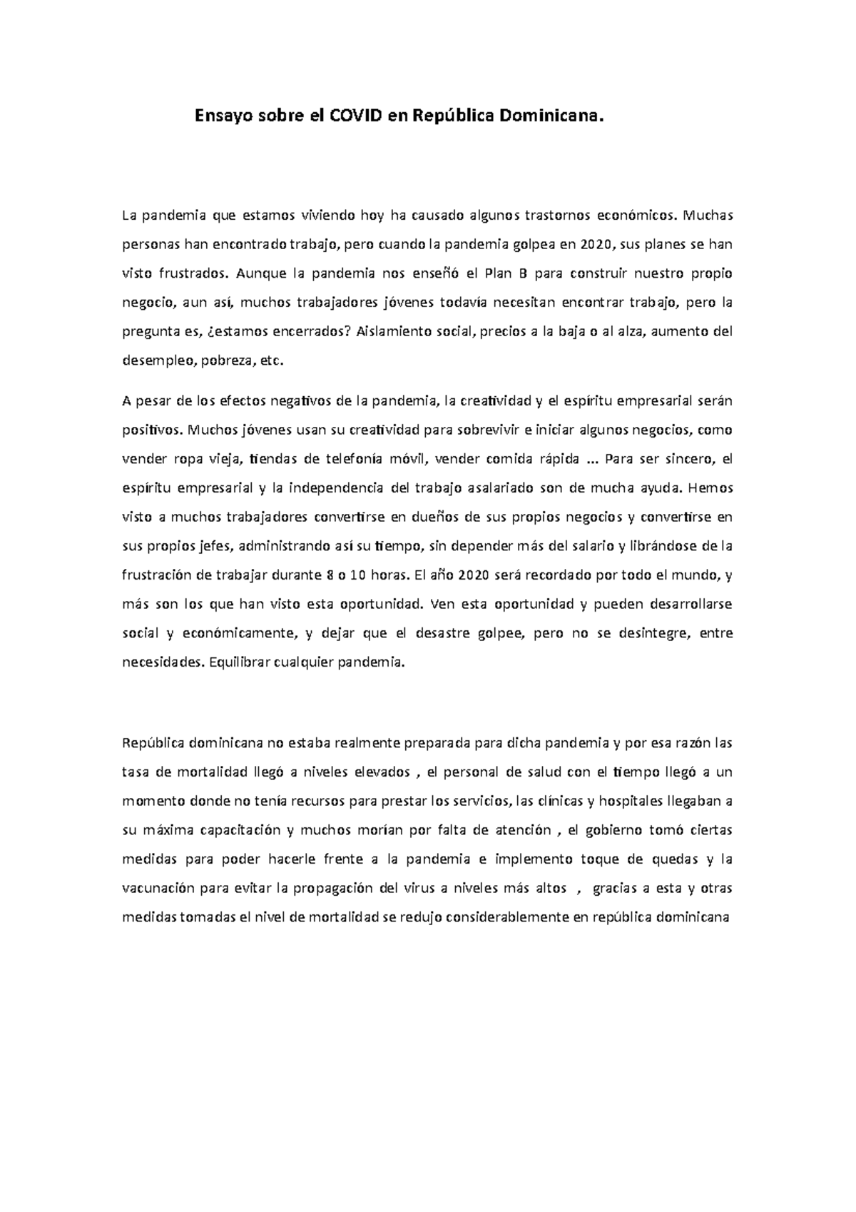 Ensayo DE Letras 2 - Nota: 8/10 - Ensayo sobre el COVID en República ...