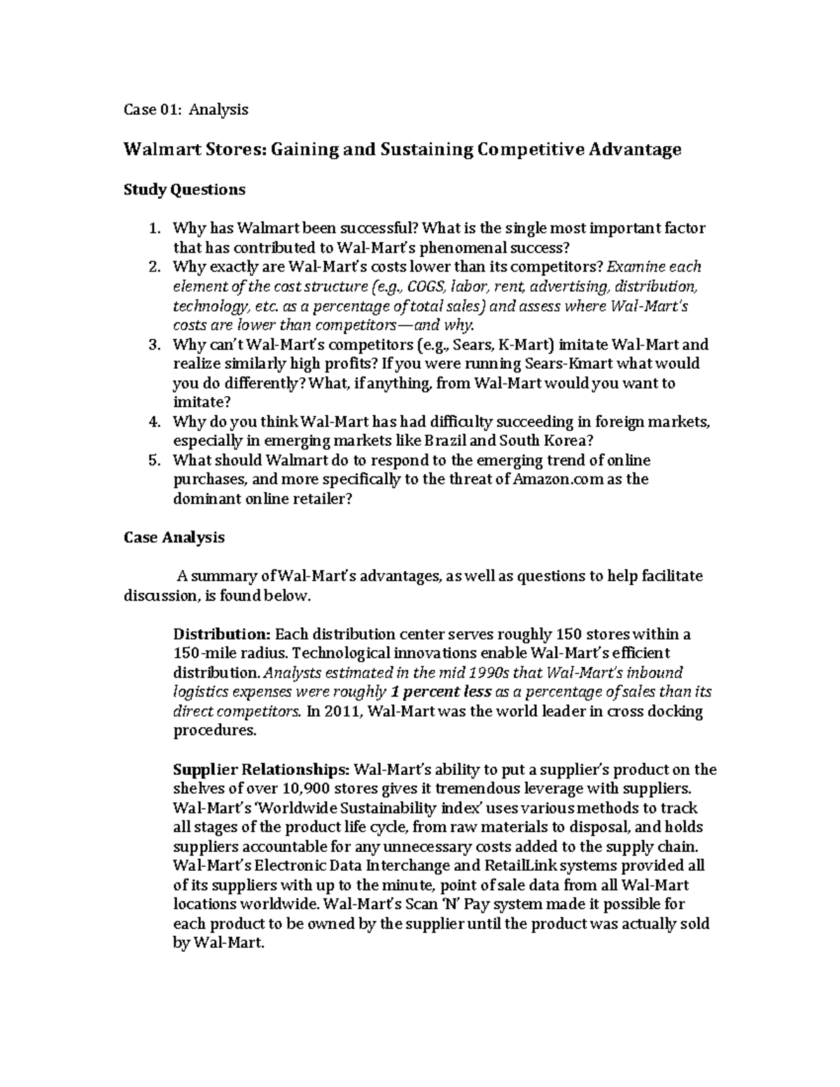 Case 01 Notes Case 01 Analysis Walmart Stores Gaining and