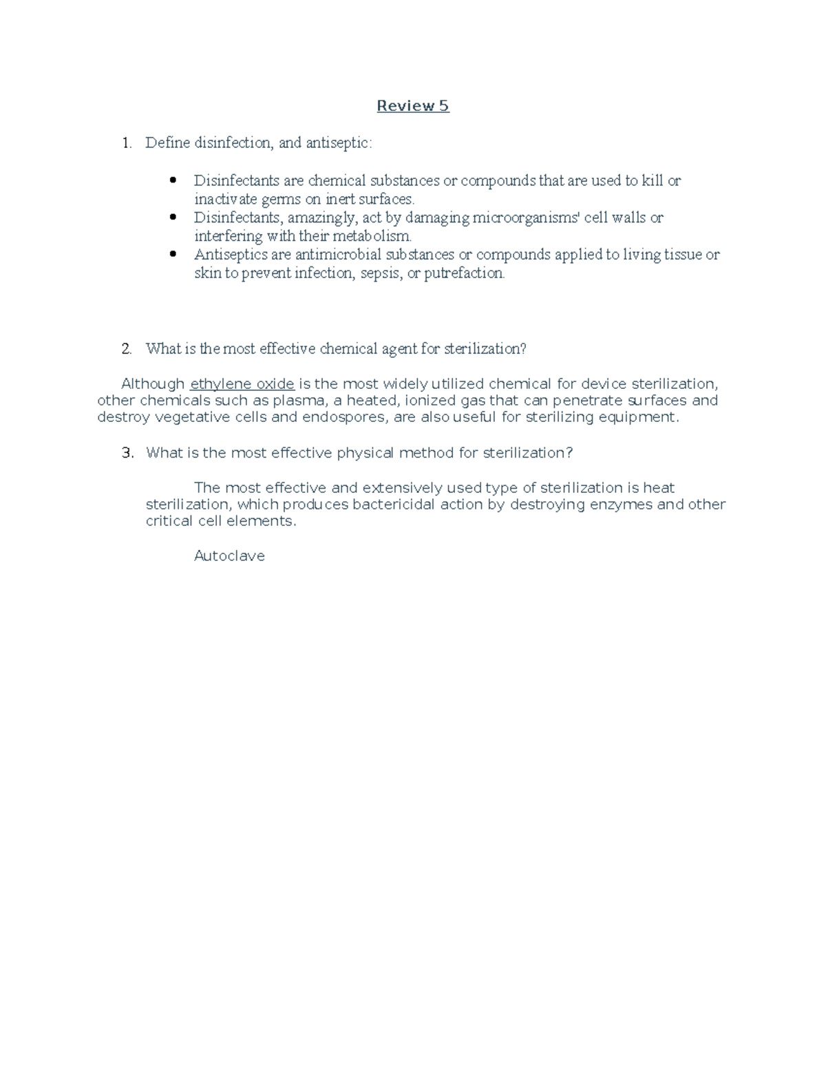 Review 5 Review 5 1. Define disinfection, and antiseptic