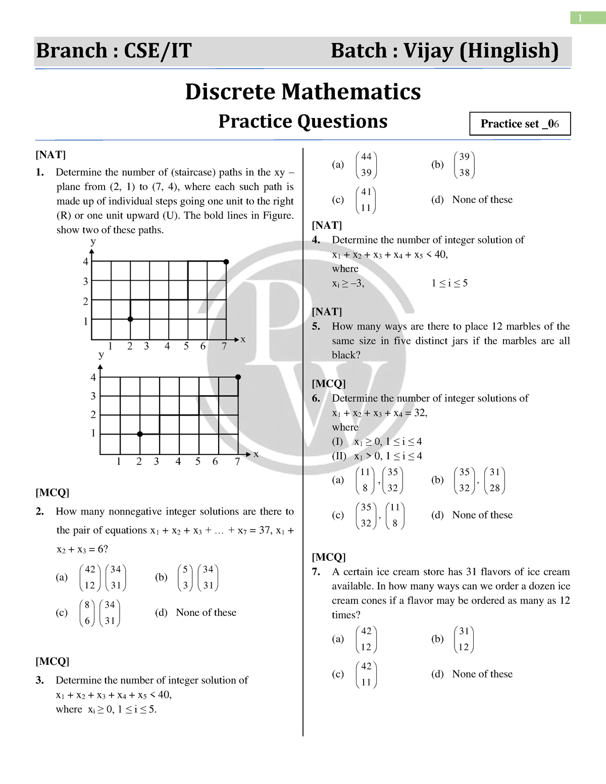 Combinatorics Practice Sheet 06 Branch Cseit Batch Vijay