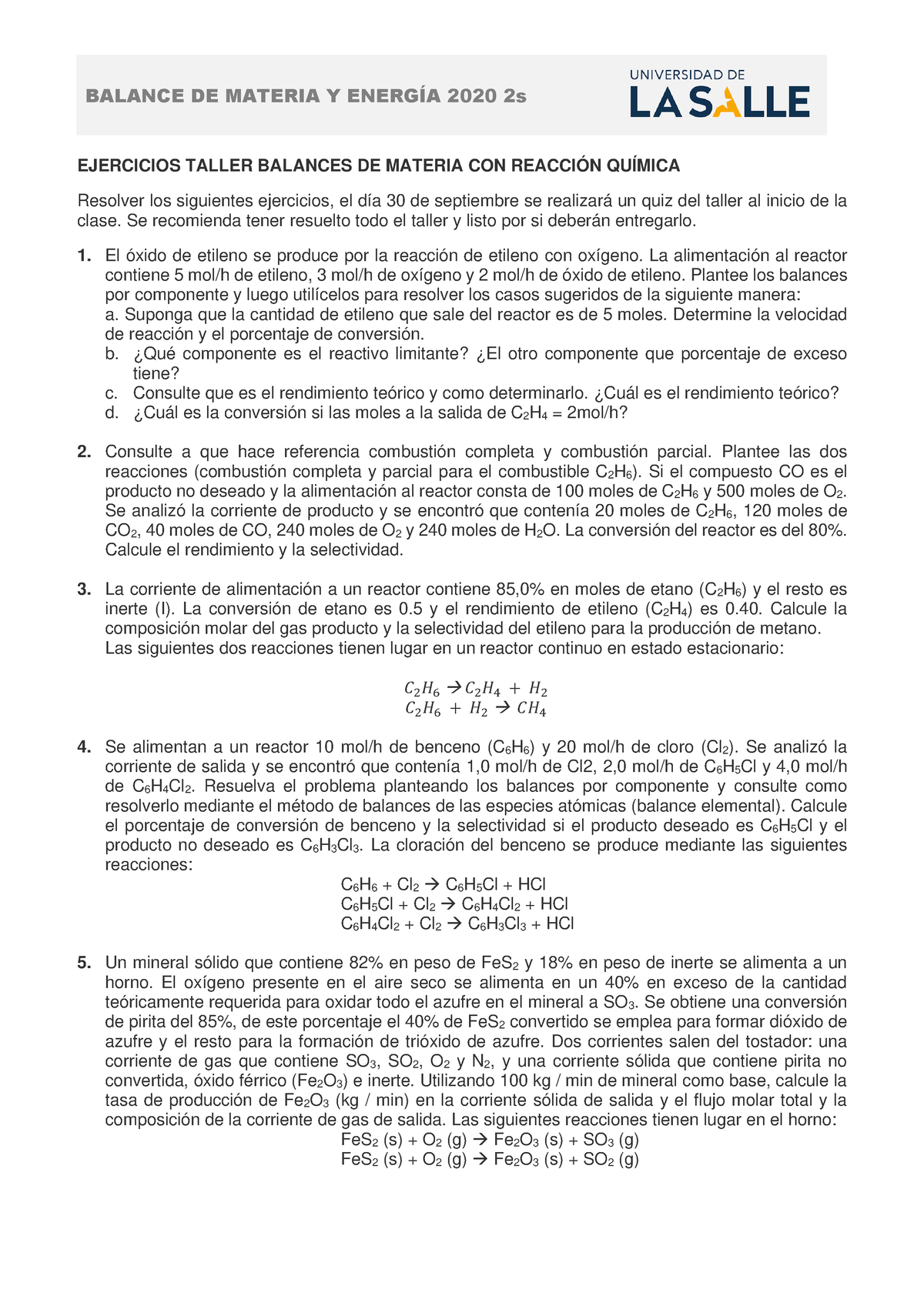 Taller 2 - Ejercicios Evaluativos - BALANCE DE MATERIA Y ENERGÕA 2020 ...