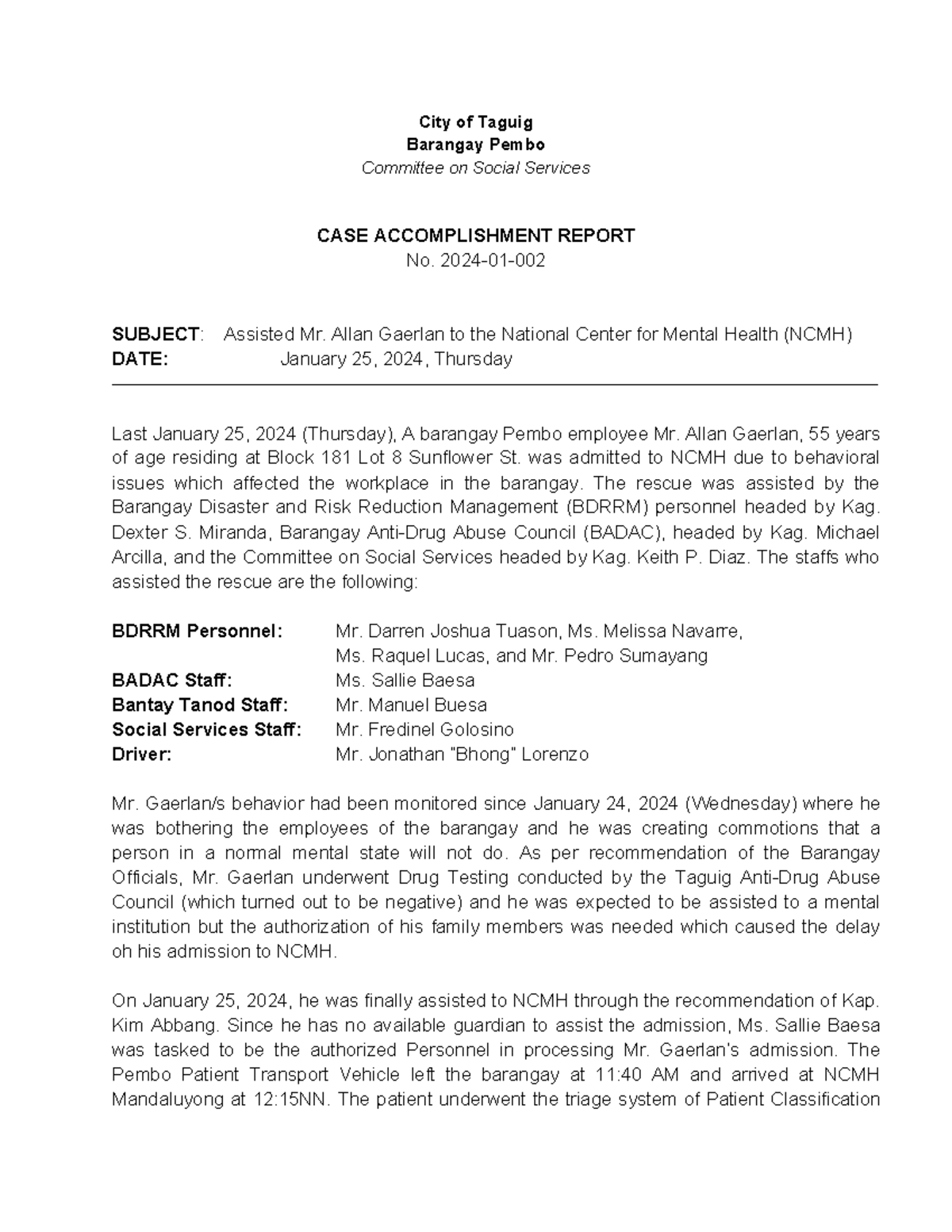 CASE Accomplishment Report 2024 - City of Taguig Barangay Pembo ...