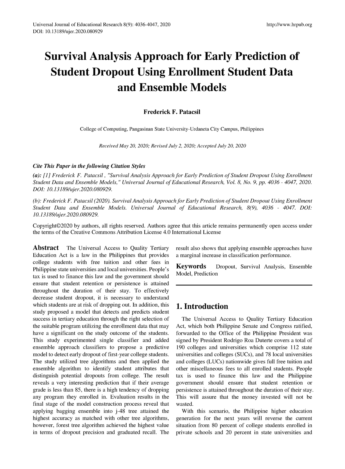 Survival Analysis Approach For Early Pre - Universal Journal Of ...