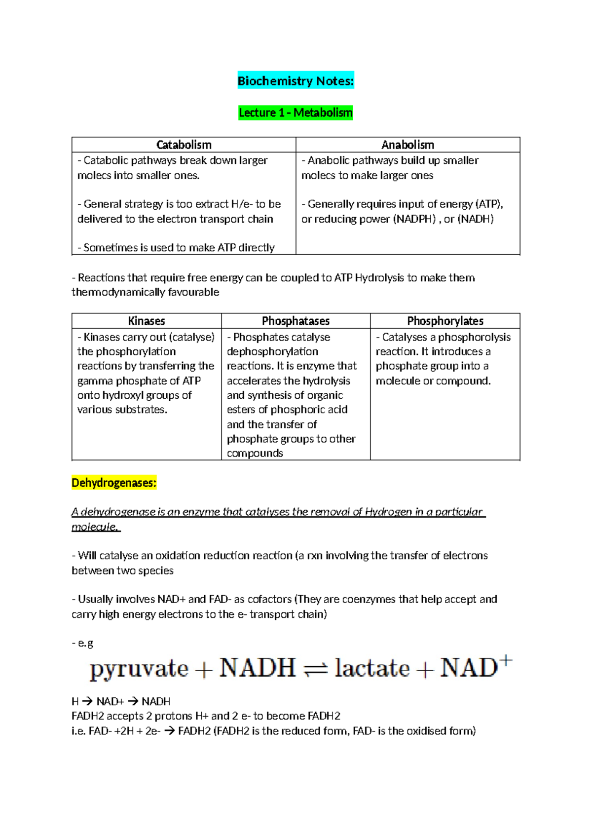 Biochemistry Notes - Biochemistry Notes: Lecture 1 - Metabolism ...