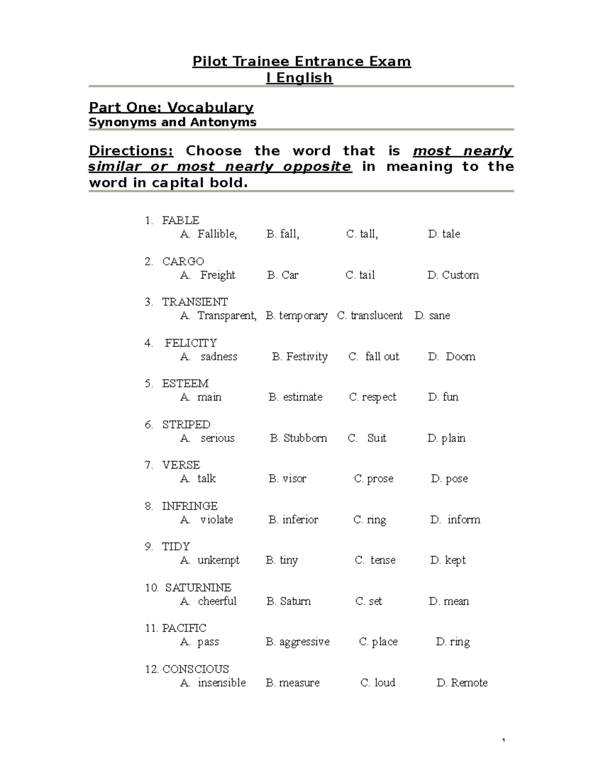 Entrance exam for class 45B Pilot Trainee Entrance Exam I English
