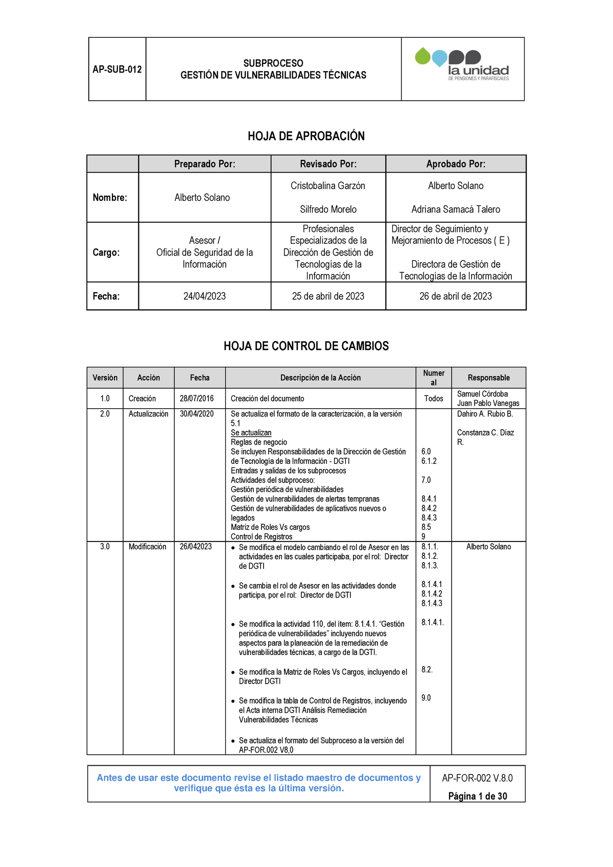 AP-SUB-012 Subproceso Gestion De Vulnerabilidades Técnicas V3 - AP-SUB ...