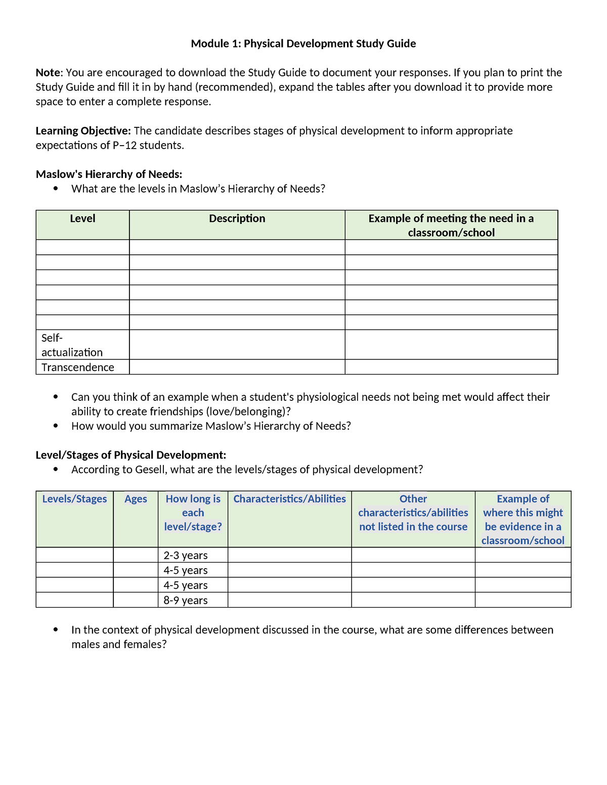 D094 D307 M1 Study Guide 1 - Module 1: Physical Development Study Guide ...