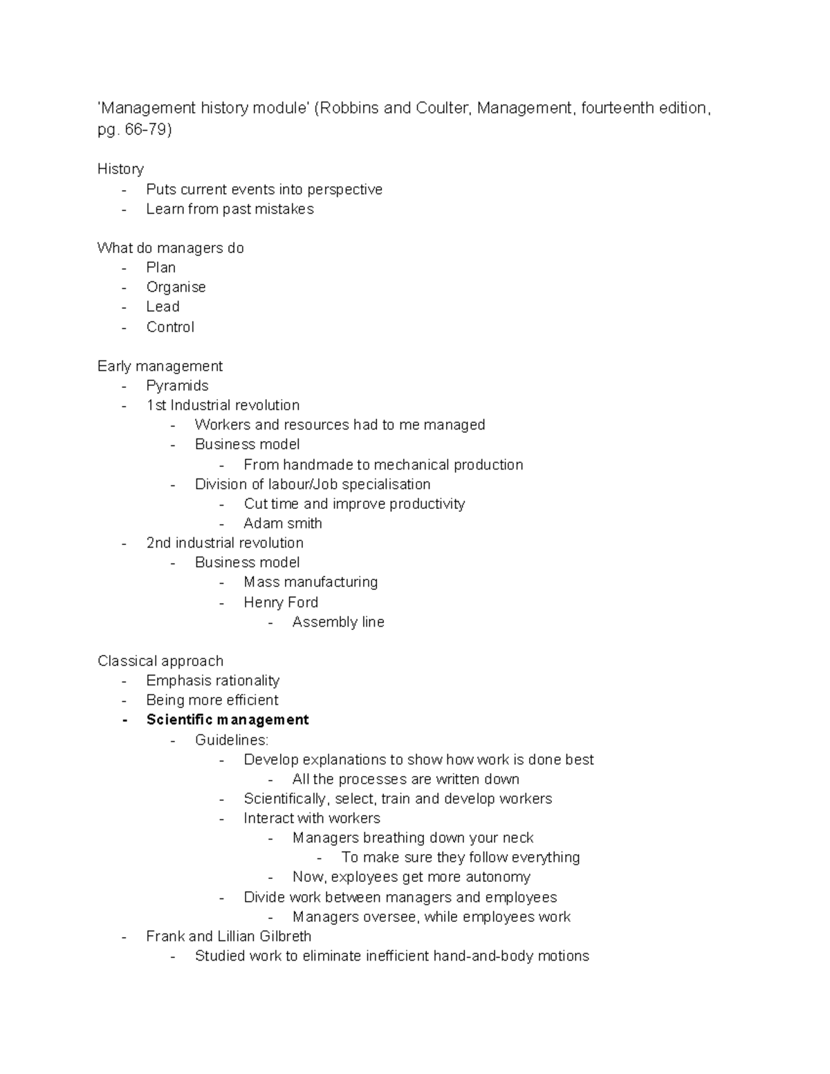 Notes for session 2 - ‘Management history module’ (Robbins and Coulter ...