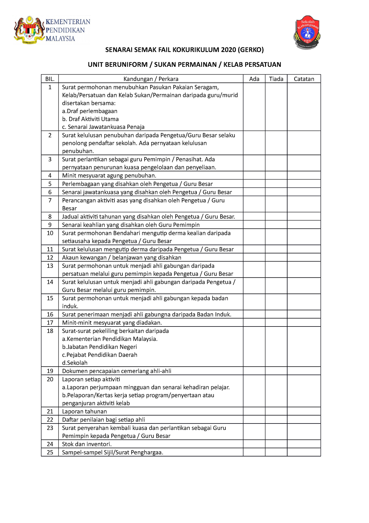 Senarai Semak Fail Kokurikulum 2020 - SENARAI SEMAK FAIL KOKURIKULUM ...
