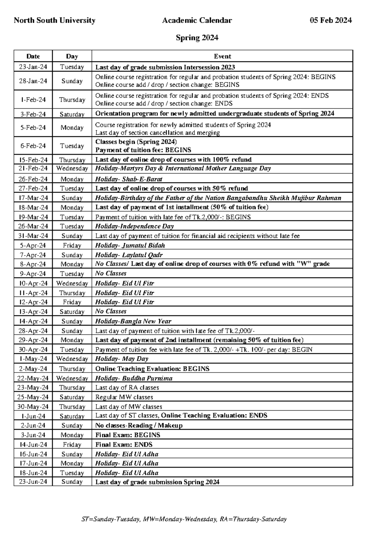 Academic calendar spring 2024 05 feb 2024 North South University