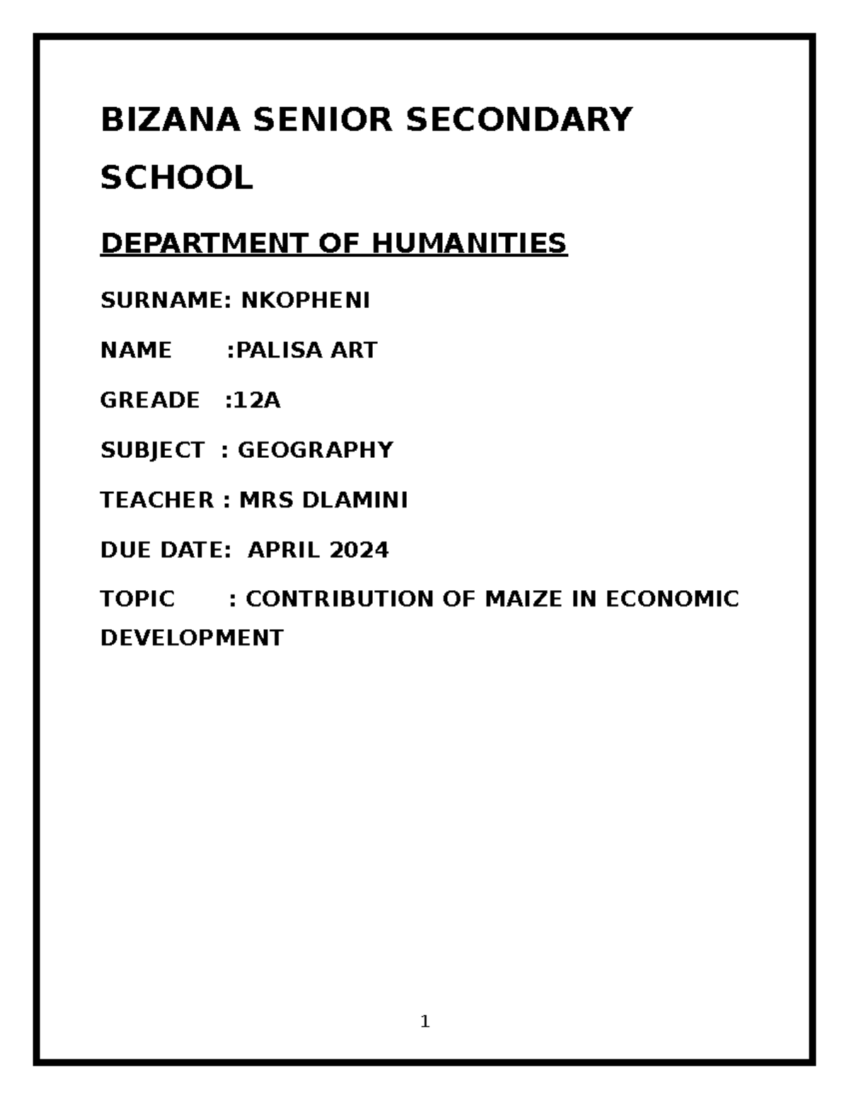 Geography grade 12 assignment BIZANA SENIOR SECONDARY SCHOOL