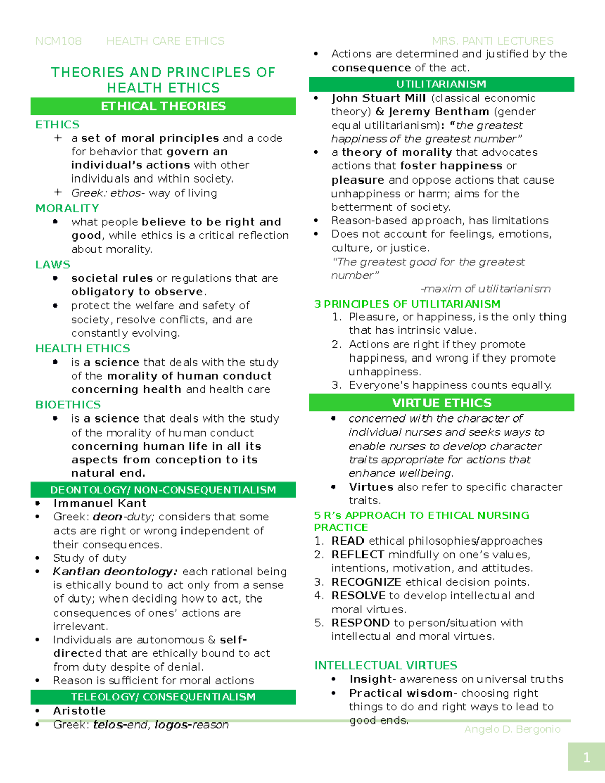 Bioethics - Angelo D. Bergonio NCM108 HEALTH CARE ETHICS MRS. PANTI ...