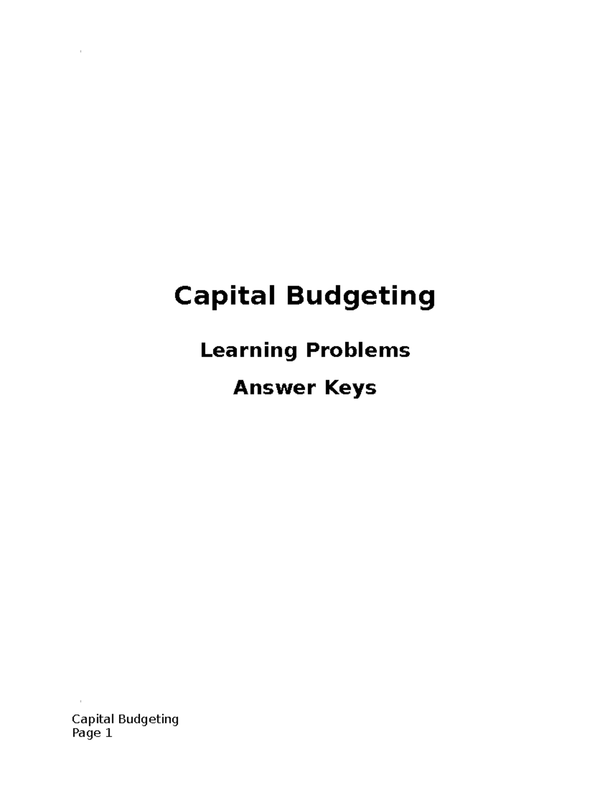 Answer Keys Capital Budgeting 1 Capital Budgeting Learning Problems