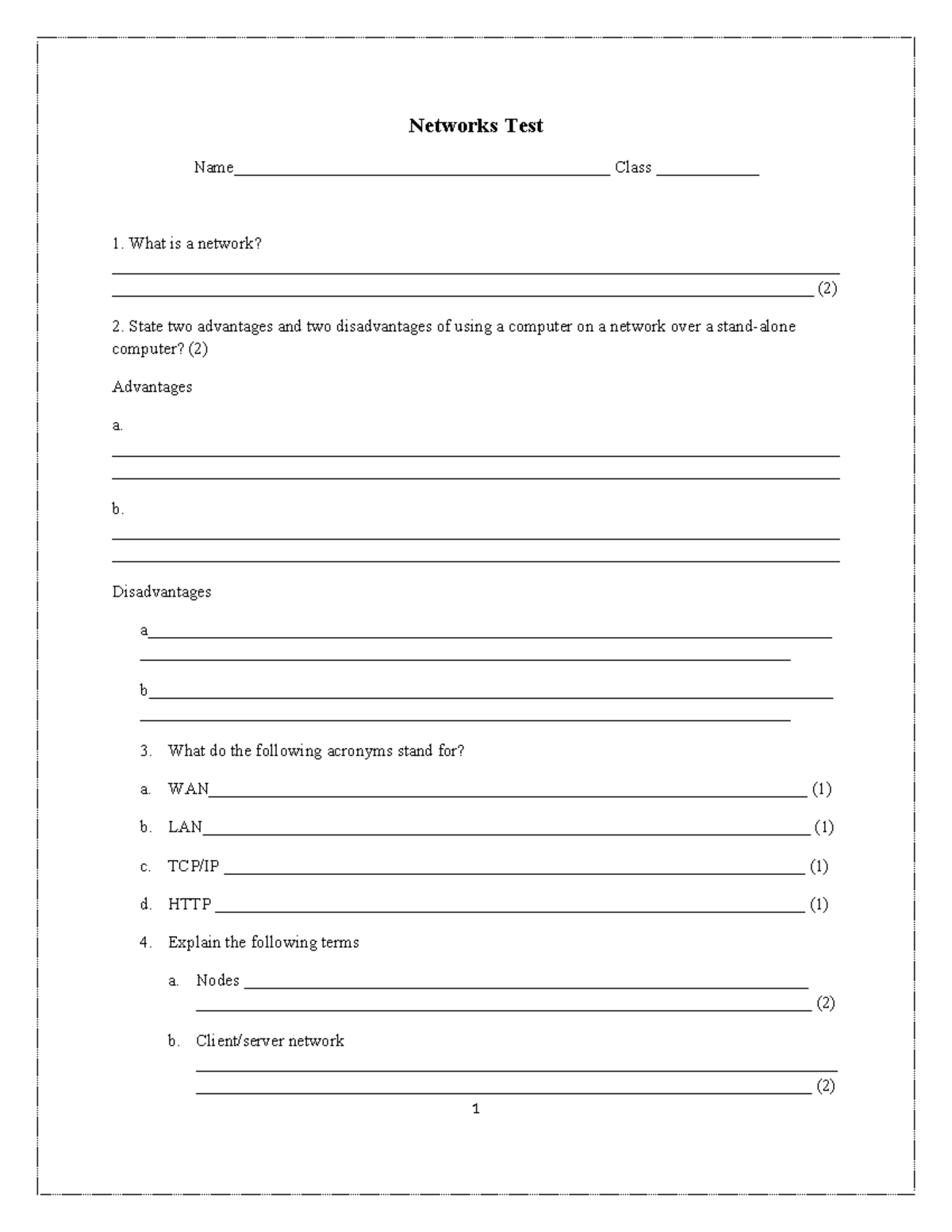 Networks Topic Test - Networks Test Name ...
