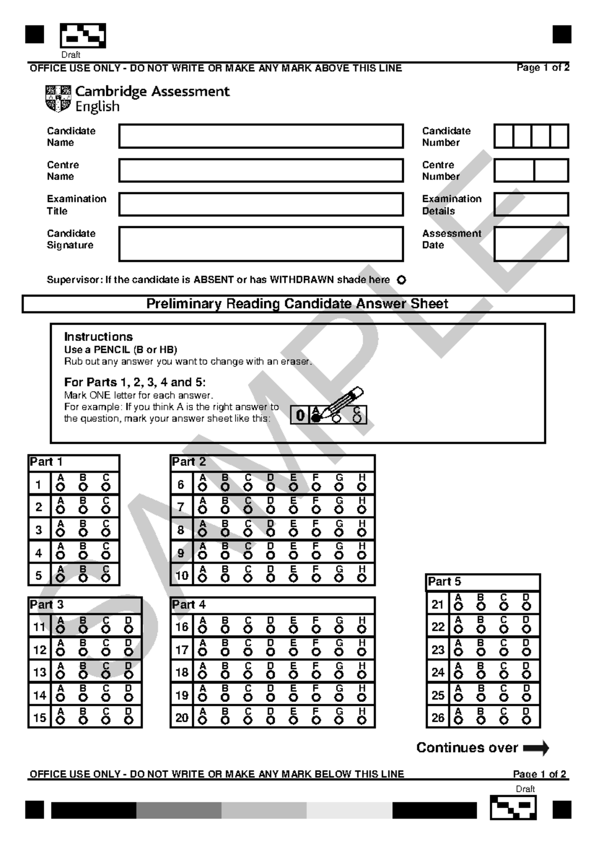 B1 Preliminary Reading Sample Answer Sheet OFFICE USE ONLY DO NOT