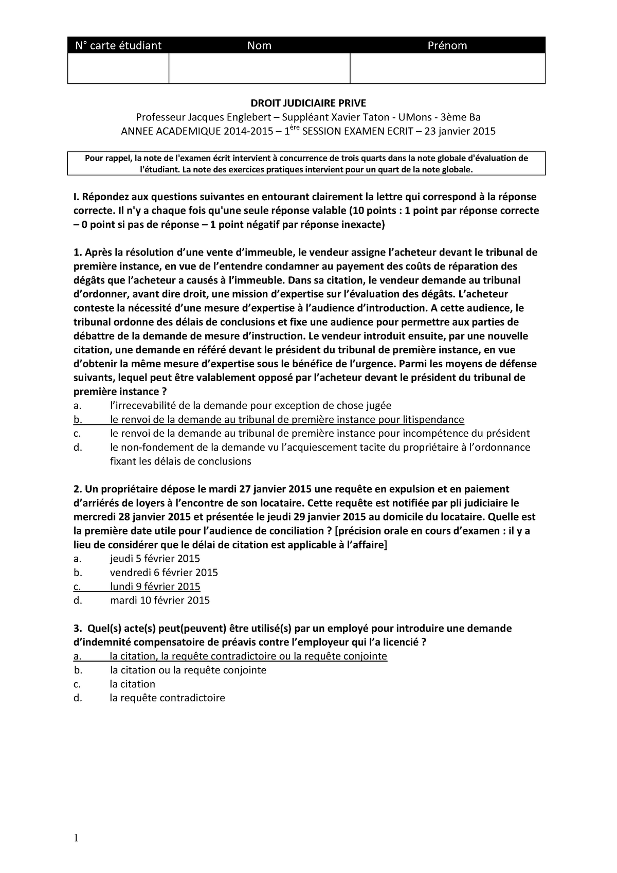 Examen 16 August 12 Questions Et Reponses Examen De Droit Judiciaire De L Ulb Studocu