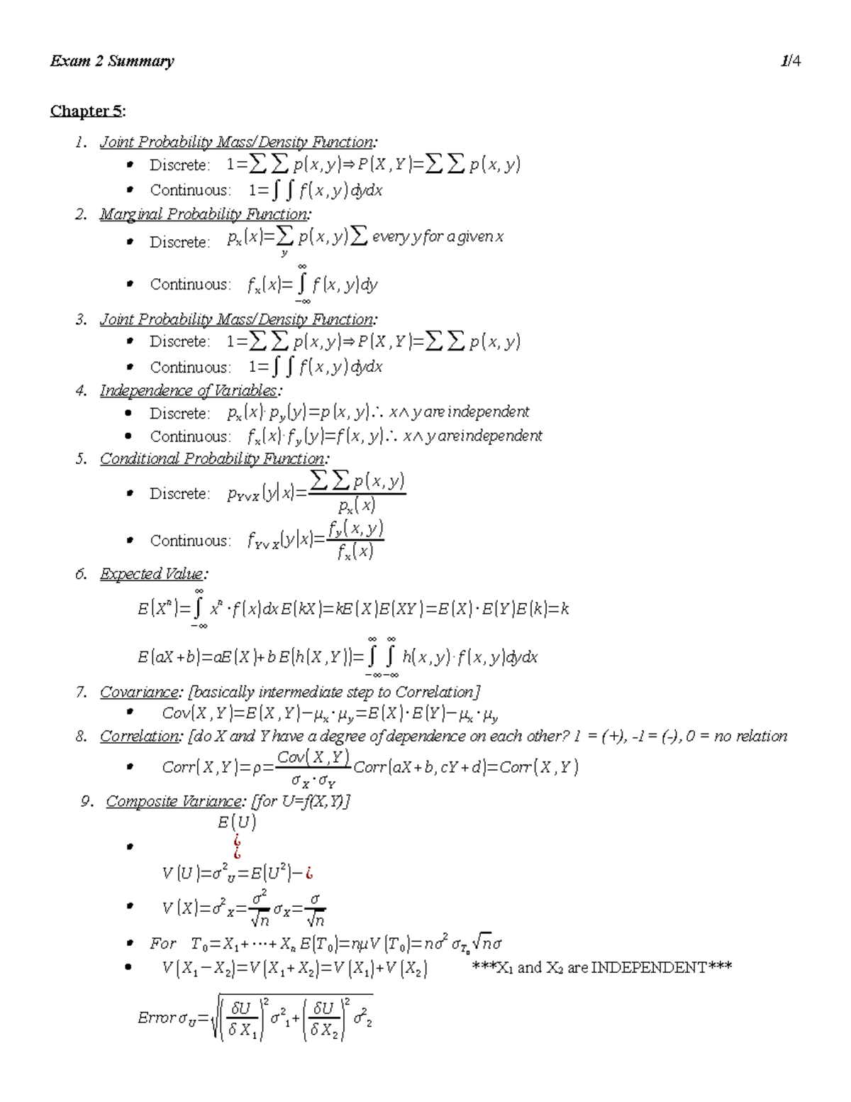 Exam 2 Summary - Chapter 5: Joint Probability Mass/Density Function ...