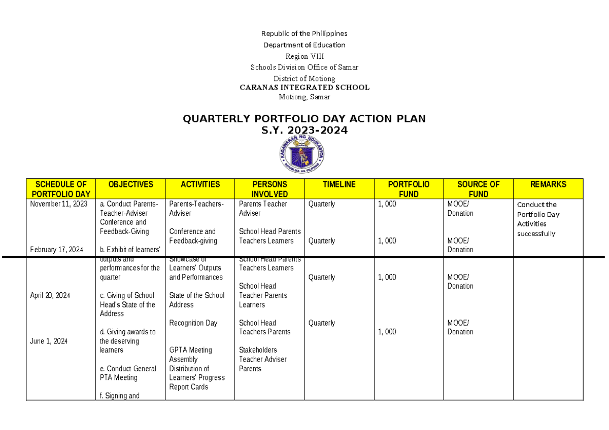 Action-PLAN- Portfolio DAY - Republic of the Philippines Department of ...