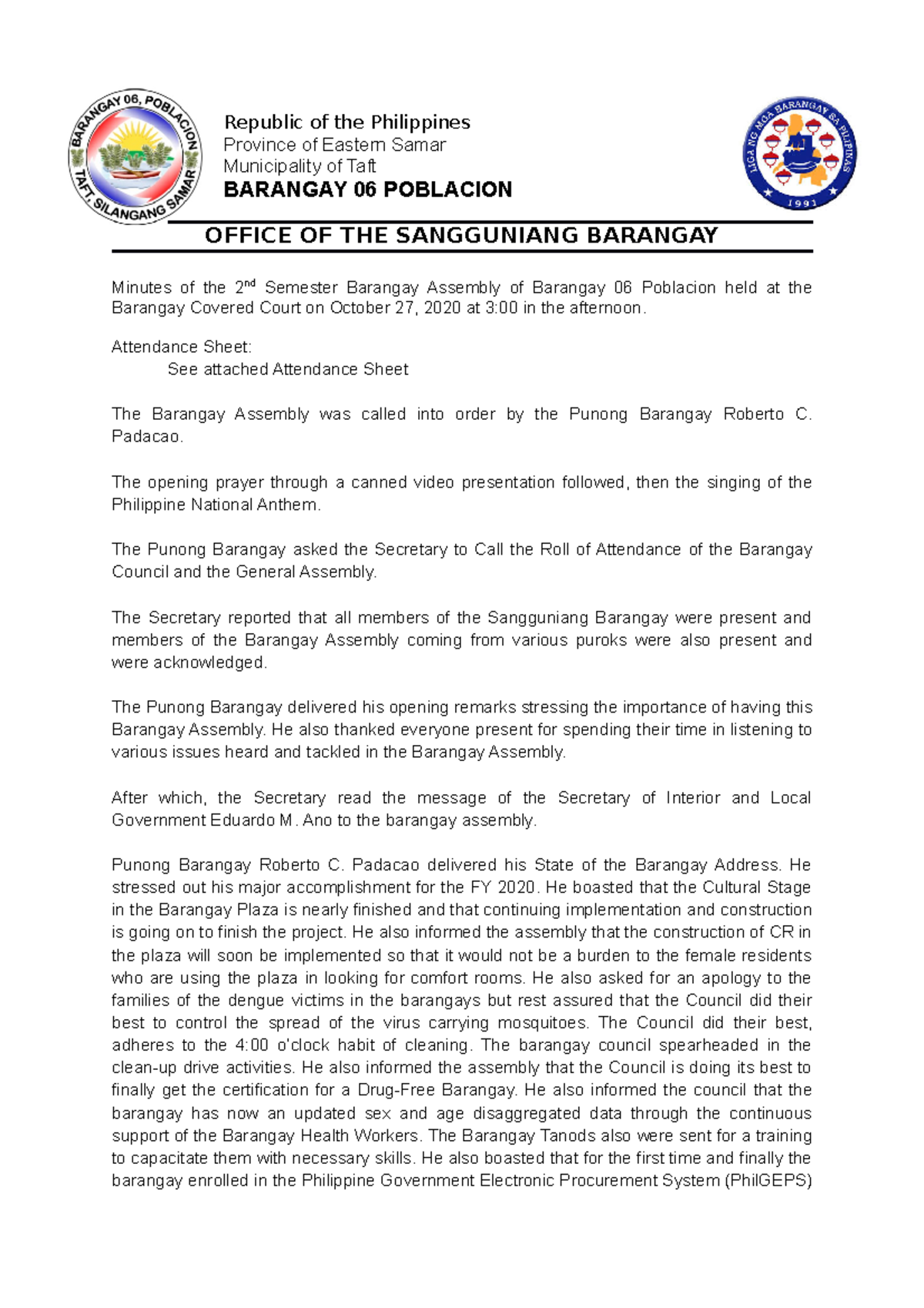 Sample Barangay Minutes Of The Meeting