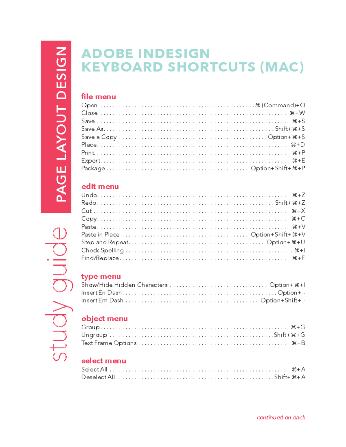 Keyboard Shortcuts Hope BrooksLoven PAGE LAYOUT DESIGN continued