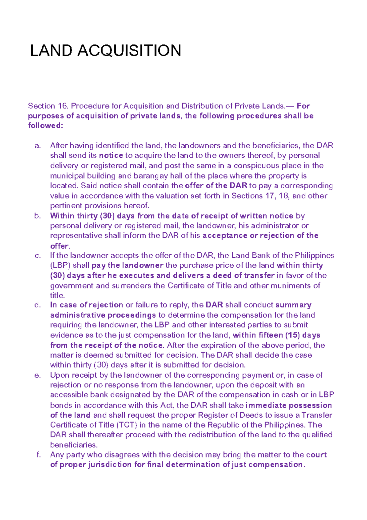 Mod 5 LAND Acquisition Lecture notes Agrarian Reform Law Section 16