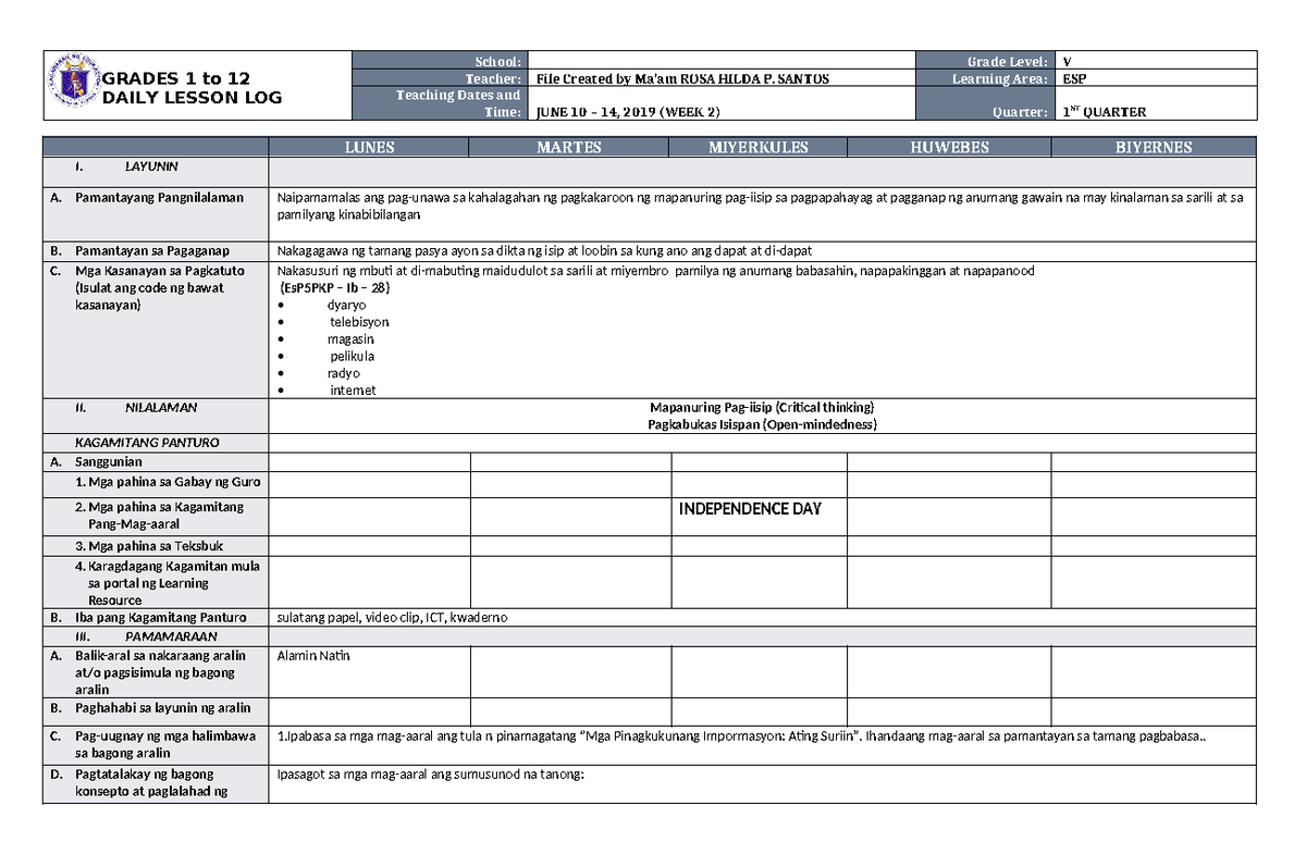 DLL ESP 5 Q1 W2 - guide - GRADES 1 to 12 DAILY LESSON LOG School: Grade ...