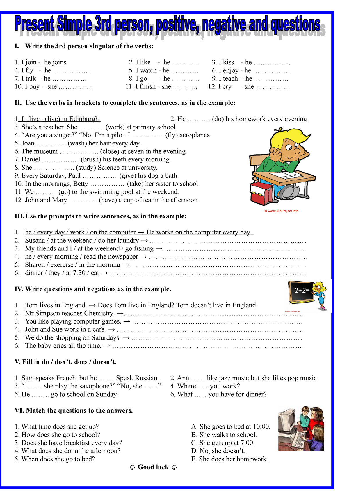 Present-simple - Present-simple - I. Write the 3rd person singular of ...