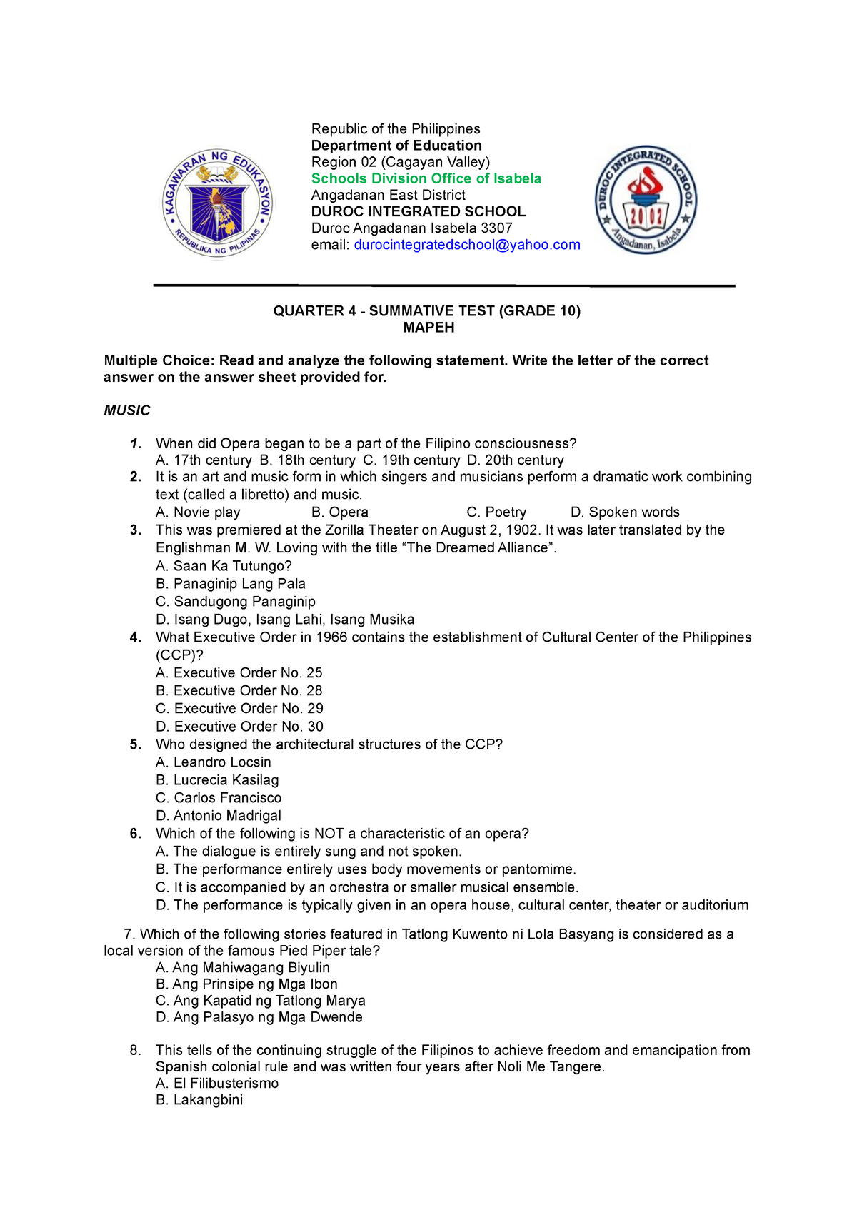 4th Quarter Summative Grade 10 Republic Of The Philippines Department Of Education Region 02 7800