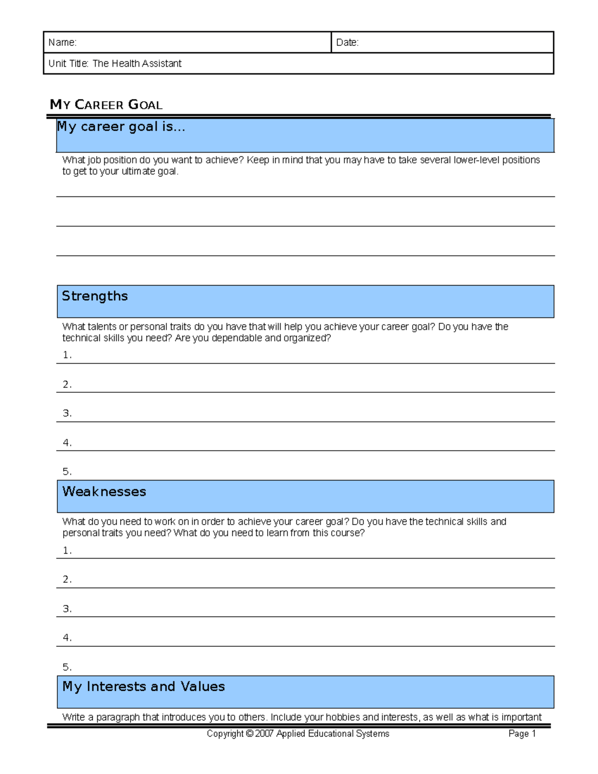 My Career Goal - Activity - Name: Date: Unit Title: The Health ...