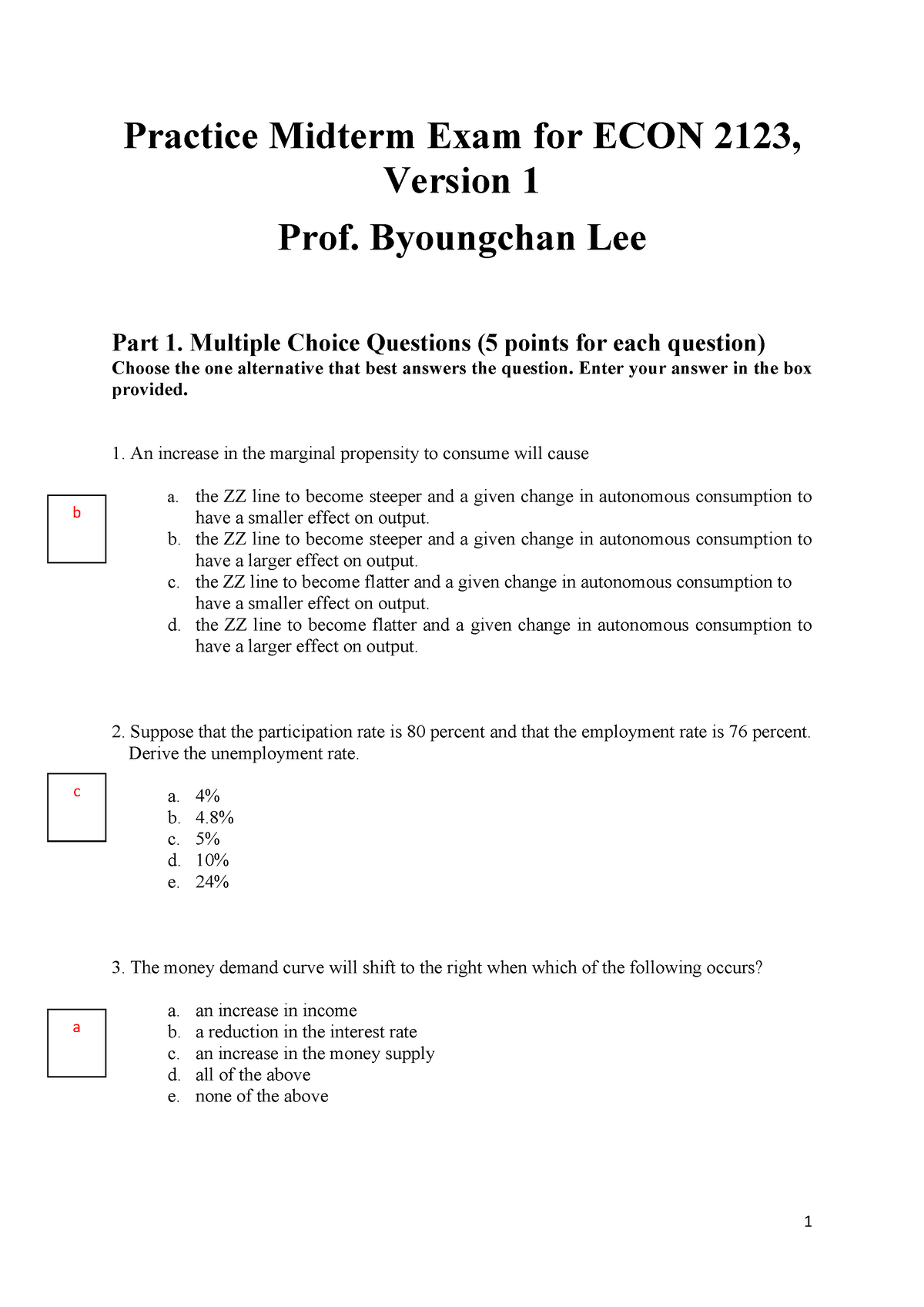 Practice Midterm (Ver1, Solution) - Practice Midterm Exam For ECON 2123 ...