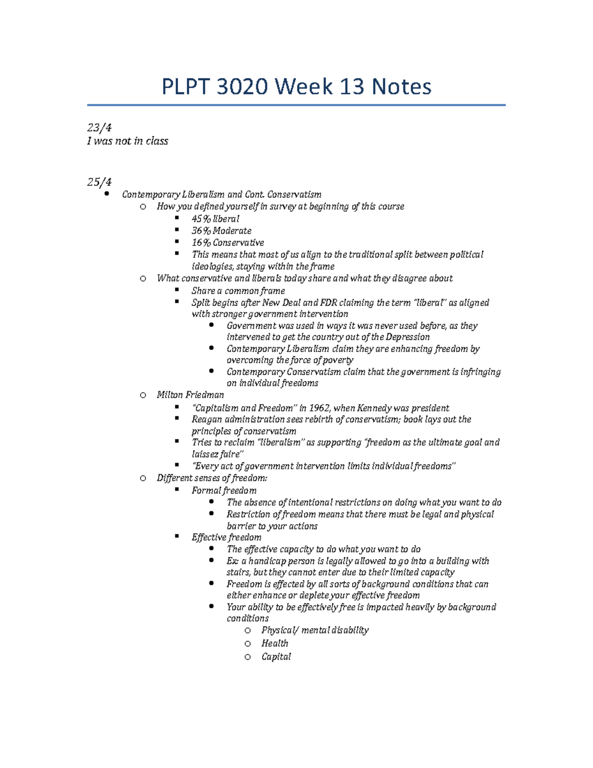 PLPT 3020 Week 13 Notes - PLPT 3020 Week 13 Notes 23/ I was not in ...