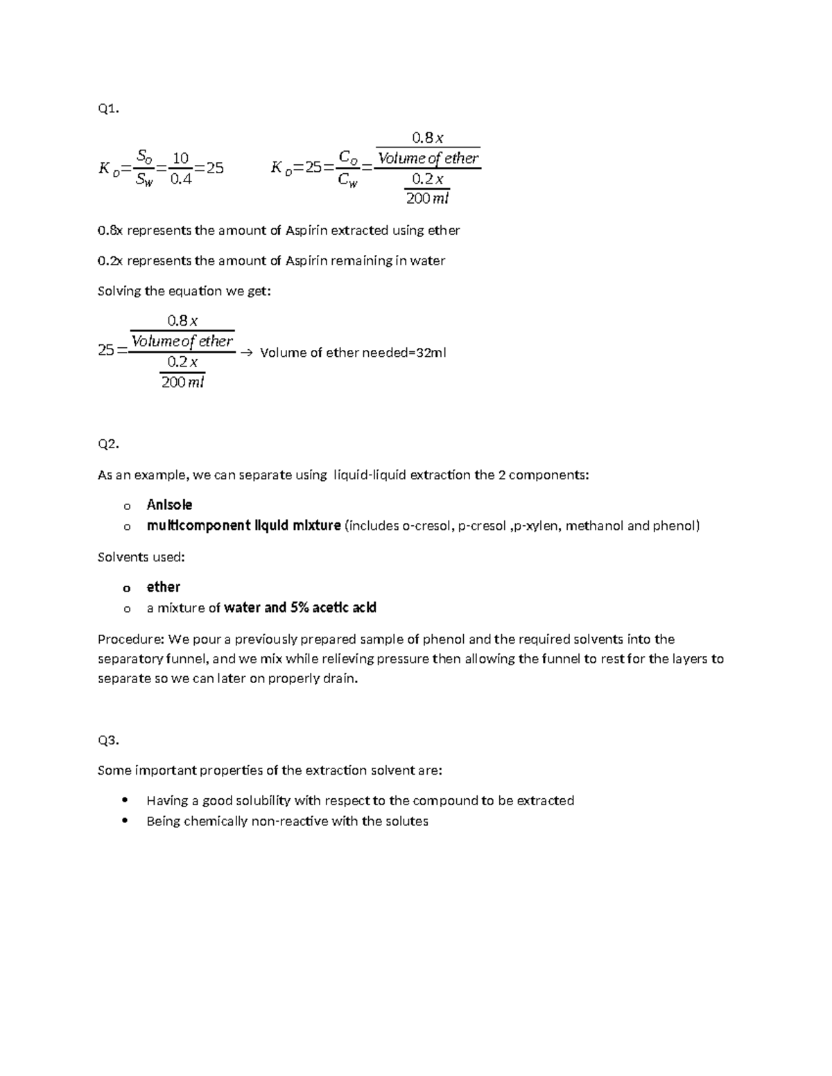 Questions - ,lkij - Q1. K D= SO SW = 10 0. = 25 K D= 25 = CO CW = 0 x ...