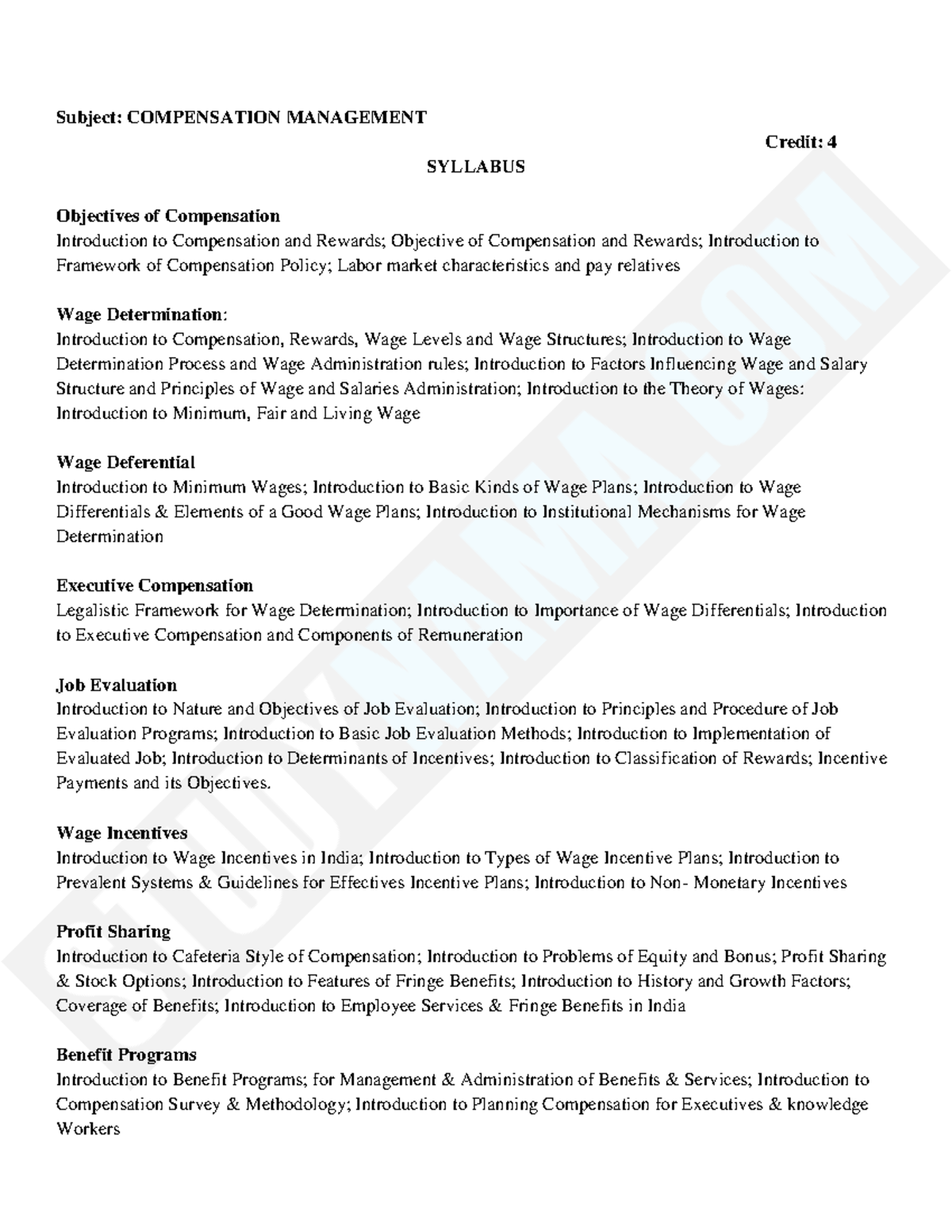 Compensation Management Subject COMPENSATION MANAGEMENT Credit 4