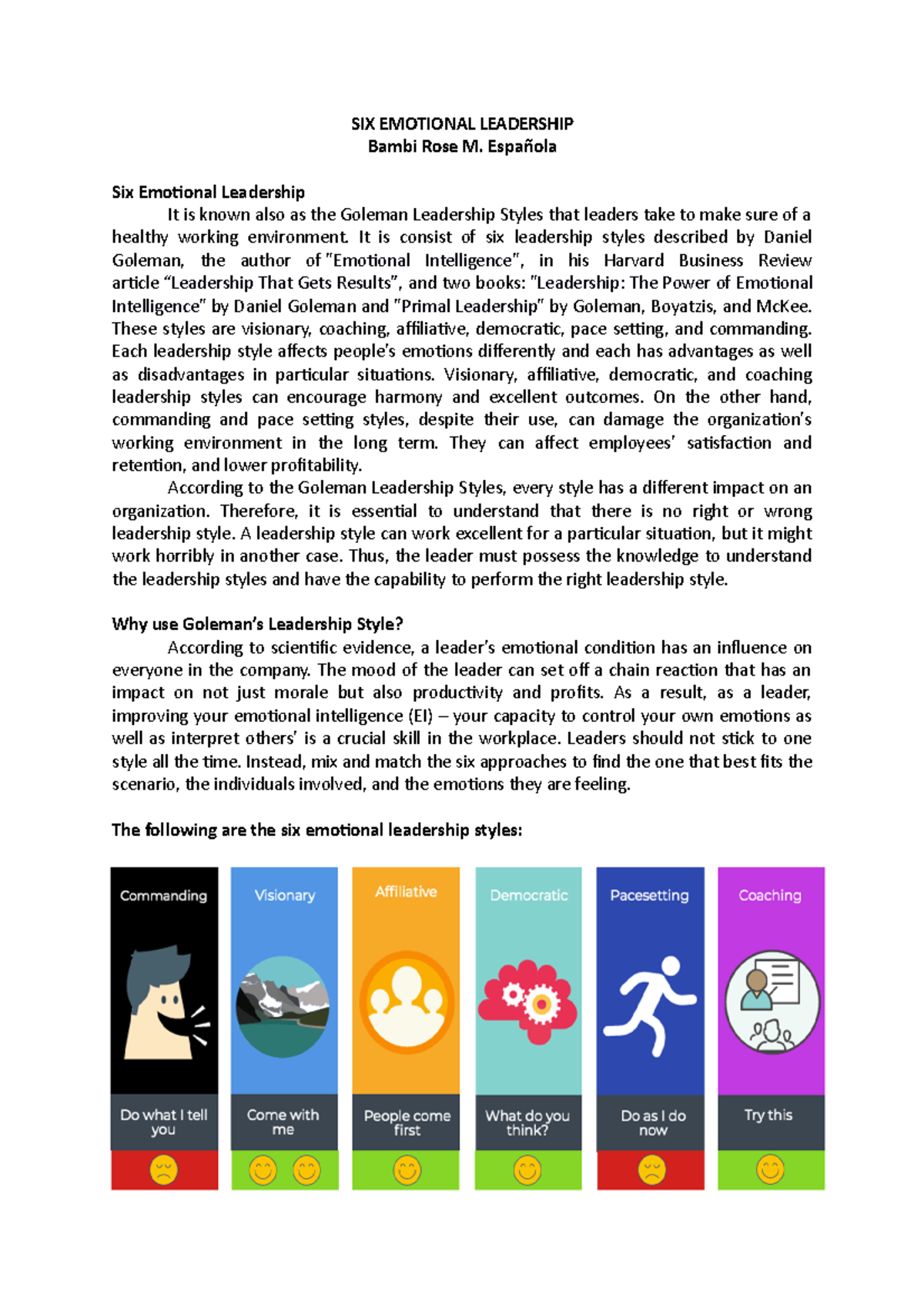 Emotional Leadership - SIX EMOTIONAL LEADERSHIP Bambi Rose M. Española ...