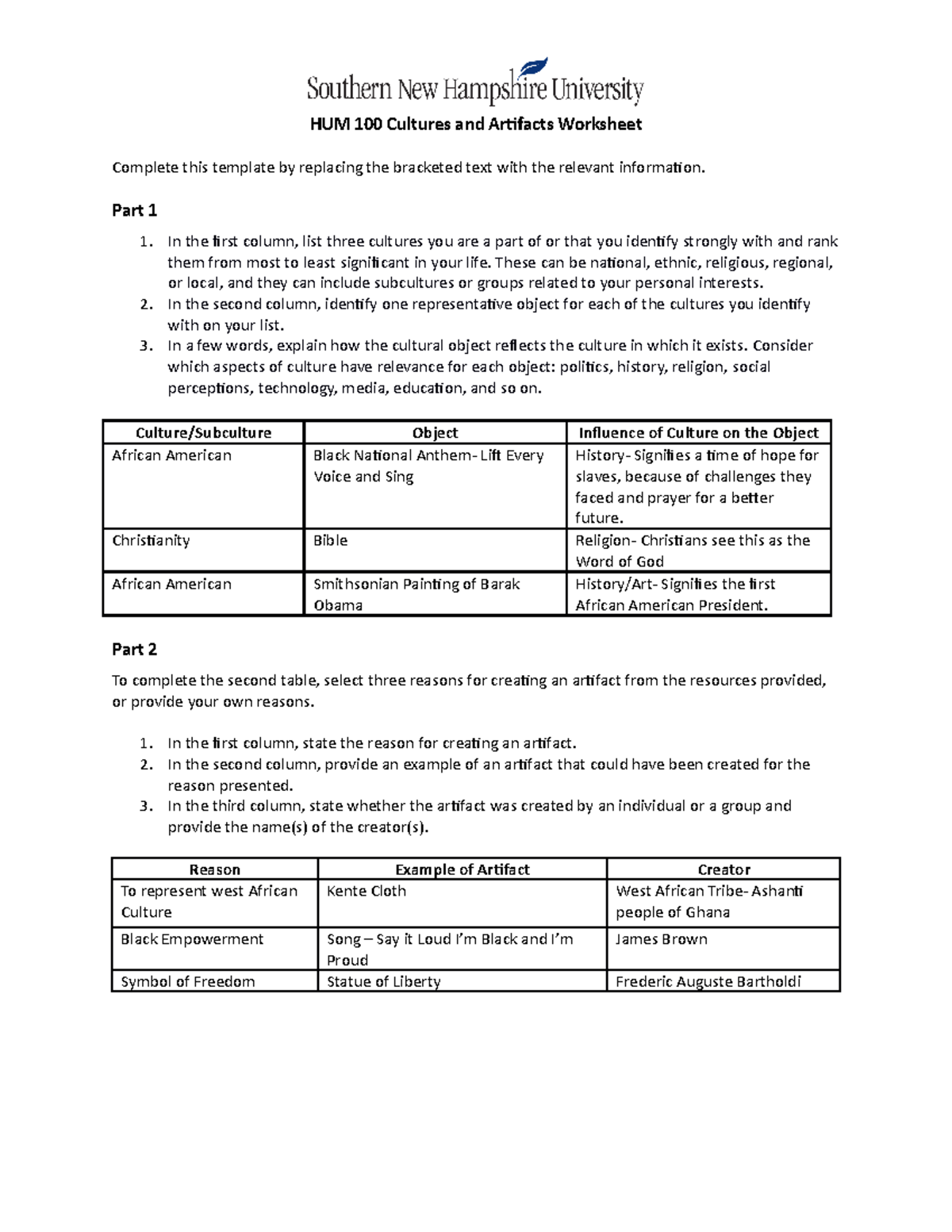 HUM 100 Cultures and Artifacts Worksheet - HUM 100 Cultures and ...