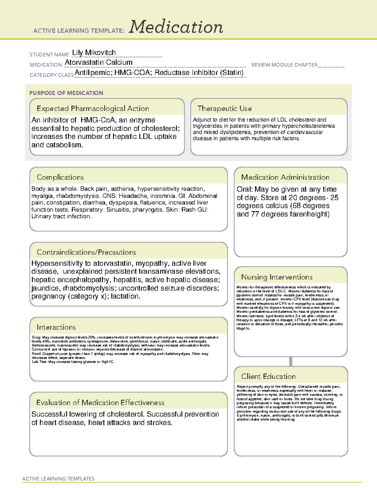 Med Card Atorvastatin Calcium ACTIVE LEARNING TEMPLATES Medication 