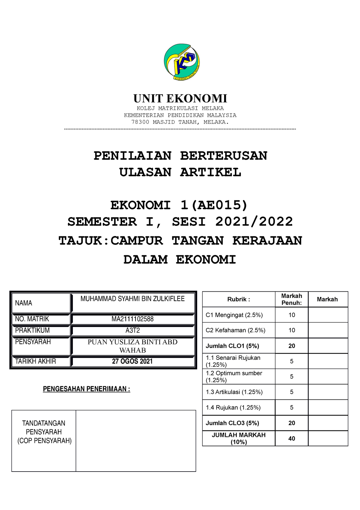 contoh assignment ekonomi matrikulasi