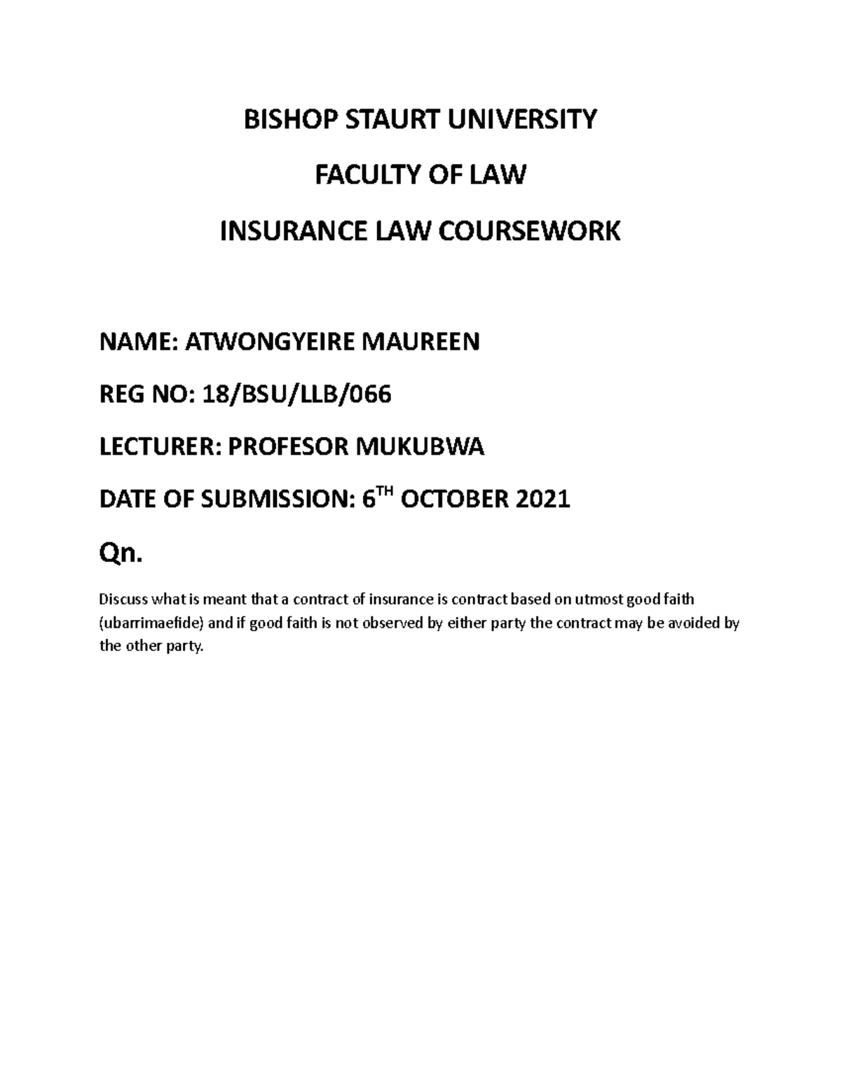 Atwongyeire Maureen insurance coursework - BISHOP STAURT UNIVERSITY ...