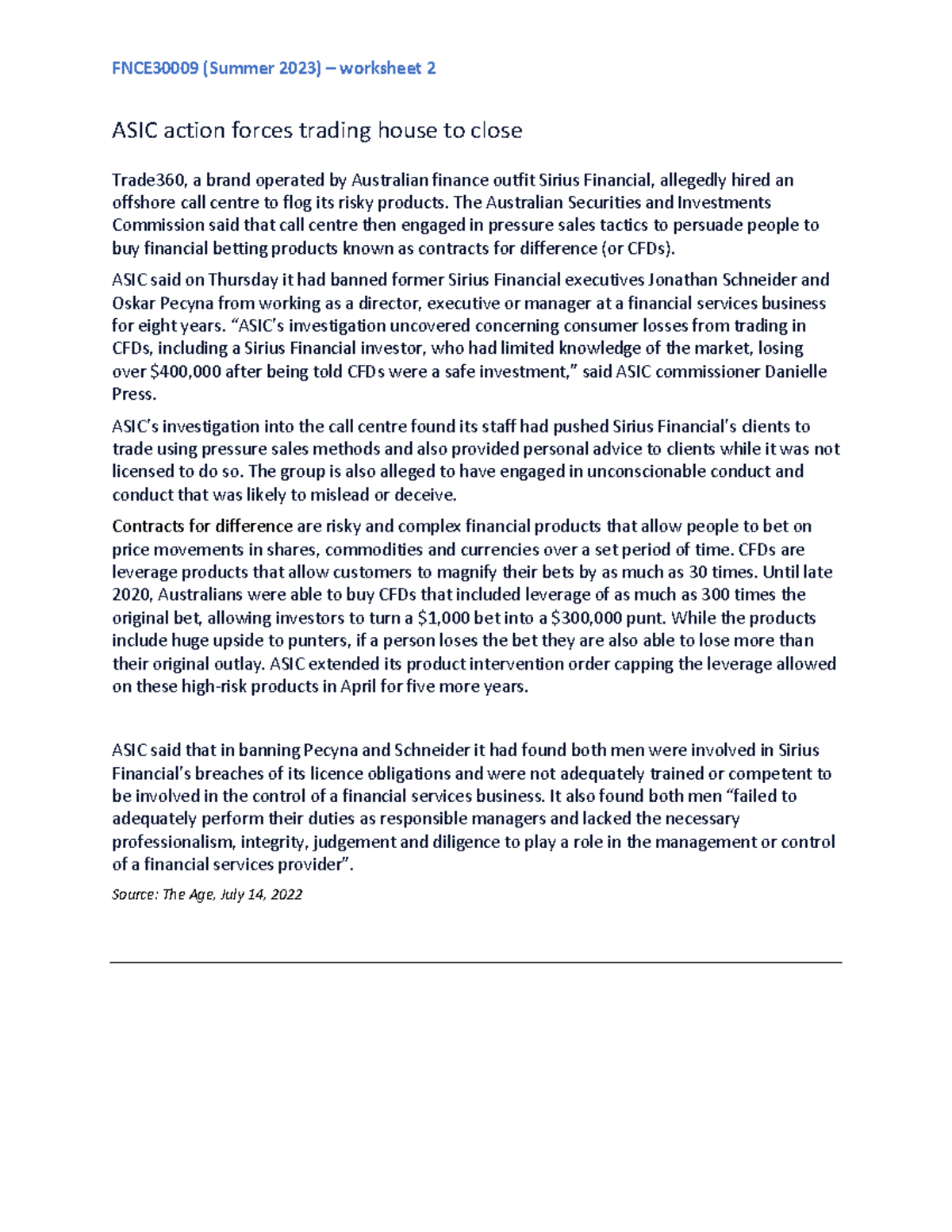 2023 WS2 ASIC action - 2023A - FNCE30009 (Summer 2023) – worksheet 2 ...